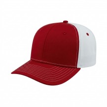 USA-made 6S Red-White Chino baseball cap, 3q view, manufactured in Newark NJ