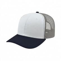 USA-made 6S White-Navy Chino baseball cap, 3q view, manufactured in Newark NJ