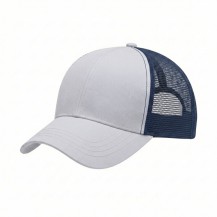 USA-made 6U White-Navy Chino baseball cap, 3q view, manufactured in Newark NJ