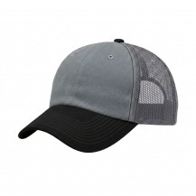 USA-made 6U Light Gray-Black Chino baseball cap, 3q view, manufactured in Newark NJ