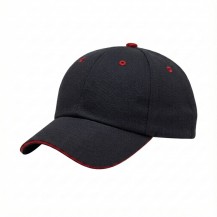 USA-made 6U Black-Red Cotton Duck baseball cap, 3q view, manufactured in Newark NJ