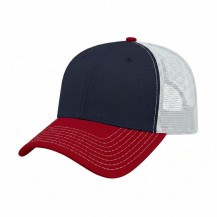 USA-made 6L Navy-Red Polycotton Twill baseball cap, 3q view, manufactured in Newark NJ
