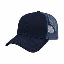 USA-made 6L Navy Polycotton Twill baseball cap, 3q view, manufactured in Newark NJ