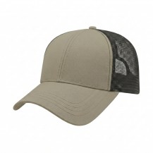 USA-made 6L Khaki-Black Polycotton Twill baseball cap, 3q view, manufactured in Newark NJ