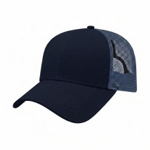 USA-made 6L Navy Polycotton Twill baseball cap, 3q view, manufactured in Newark NJ