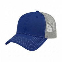 USA-made 6L Royal Blue-Light Gray Polycotton Twill baseball cap, 3q view, manufactured in Newark NJ
