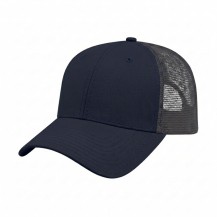 USA-made 6L Navy Polycotton Twill baseball cap, 3q view, manufactured in Newark NJ