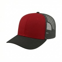 USA-made 6S Red-Black Polycotton Twill baseball cap, 3q view, manufactured in Newark NJ