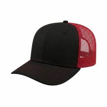 USA-made 6S Black-Red Polycotton Twill baseball cap, 3q view, manufactured in Newark NJ