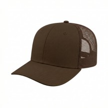 USA-made 6S Brown Polycotton Twill baseball cap, 3q view, manufactured in Newark NJ