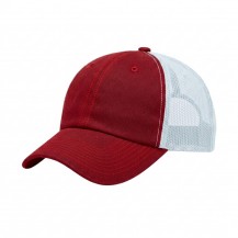 USA-made 6U Red-White Polycotton Twill baseball cap, 3q view, manufactured in Newark NJ