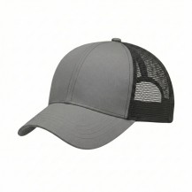 USA-made 6U Light Gray-Black Polycotton Twill baseball cap, 3q view, manufactured in Newark NJ