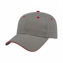 USA-made 6L Light Gray-Red Cotton Spandex baseball cap, 3q view, manufactured in Newark NJ