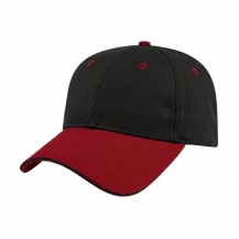 USA-made 6L Black-Red Cotton Spandex baseball cap, 3q view, manufactured in Newark NJ