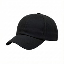 USA-made 6U Black Cotton Spandex baseball cap, 3q view, manufactured in Newark NJ