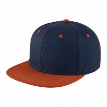 USA-made 6H Navy-Orange Polycotton Twill baseball cap, 3q view, manufactured in Newark NJ
