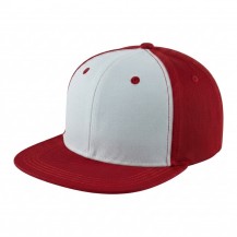 USA-made 6H White-Red Polycotton Twill baseball cap, 3q view, manufactured in Newark NJ