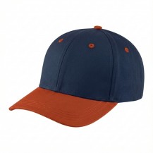 USA-made 6H Navy-Orange Polycotton Twill baseball cap, 3q view, manufactured in Newark NJ