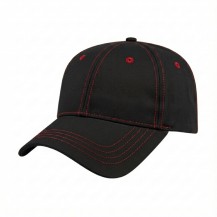 6CTLLE90 Black-Red 3q USA-made 6L Black-Red Polycotton Twill baseball cap, 3q view, manufactured in Newark NJ