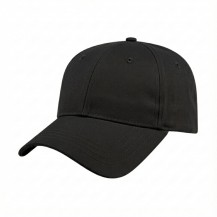 USA-made 6L Black Polycotton Twill baseball cap, 3q view, manufactured in Newark NJ