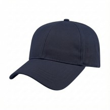 USA-made 6L Navy Polycotton Twill baseball cap, 3q view, manufactured in Newark NJ