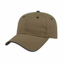 USA-made 6L Khaki-Navy Polycotton Twill baseball cap, 3q view, manufactured in Newark NJ