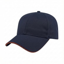 USA-made 6L Navy-Orange Polycotton Twill baseball cap, 3q view, manufactured in Newark NJ