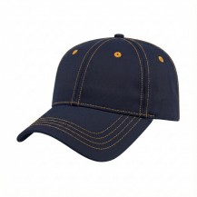 USA-made 6L Navy-Athletic Gold Polycotton Twill baseball cap, 3q view, manufactured in Newark NJ