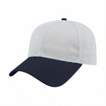 USA-made 6L White-Navy Polycotton Twill baseball cap, 3q view, manufactured in Newark NJ