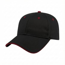 6CTLVE50 Black-Red 3q USA-made 6L Black-Red Polycotton Twill baseball cap, 3q view, manufactured in Newark NJ