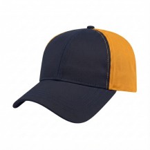 USA-made 6L Navy-Athletic Gold Polycotton Twill baseball cap, 3q view, manufactured in Newark NJ