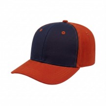 USA-made 6S Navy-Orange Polycotton Twill baseball cap, 3q view, manufactured in Newark NJ