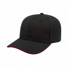 USA-made 6S Black-Red Polycotton Twill baseball cap, 3q view, manufactured in Newark NJ