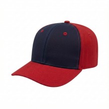 USA-made 6S Navy-Red Polycotton Twill baseball cap, 3q view, manufactured in Newark NJ