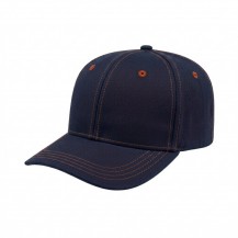 USA-made 6S Navy-Orange Polycotton Twill baseball cap, 3q view, manufactured in Newark NJ
