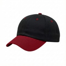 USA-made 6U Black-Red Polycotton Twill baseball cap, 3q view, manufactured in Newark NJ
