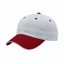 USA-made 6U White-Red Polycotton Twill baseball cap, 3q view, manufactured in Newark NJ