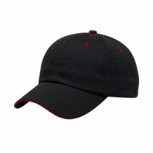 USA-made 6U Black-Red Polycotton Twill baseball cap, 3q view, manufactured in Newark NJ