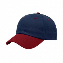 USA-made 6U Royal Blue-Red Polycotton Twill baseball cap, 3q view, manufactured in Newark NJ