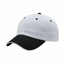 USA-made 6U White-Black Polycotton Twill baseball cap, 3q view, manufactured in Newark NJ