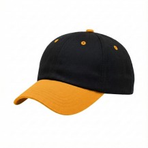 USA-made 6U Black-Athletic Gold Polycotton Twill baseball cap, 3q view, manufactured in Newark NJ