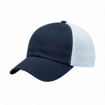 USA-made 6U Navy-White Polycotton Twill baseball cap, 3q view, manufactured in Newark NJ
