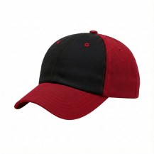 USA-made 6U Black-Red Domestic Twill baseball cap, 3q view, manufactured in Newark NJ