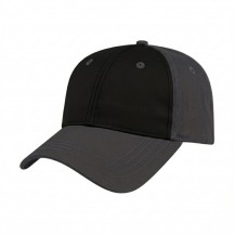 USA-made 6L Black-Dark Gray Organic Twill baseball cap, 3q view, manufactured in Newark NJ