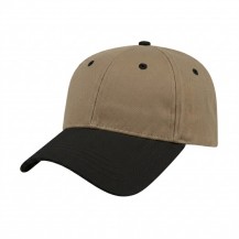 USA-made 6L Khaki-Black Organic Twill baseball cap, 3q view, manufactured in Newark NJ