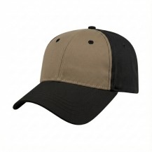 USA-made 6L Khaki-Black Organic Twill baseball cap, 3q view, manufactured in Newark NJ