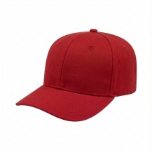 USA-made 6S Red Organic Twill baseball cap, 3q view, manufactured in Newark NJ