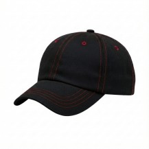 USA-made 6U Black-Red Organic Twill baseball cap, 3q view, manufactured in Newark NJ
