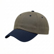 USA-made 6U Khaki-Navy Organic Twill baseball cap, 3q view, manufactured in Newark NJ