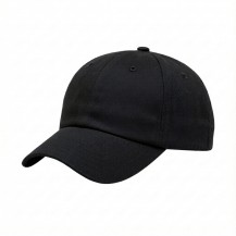 USA-made 6U Black Organic Twill baseball cap, 3q view, manufactured in Newark NJ